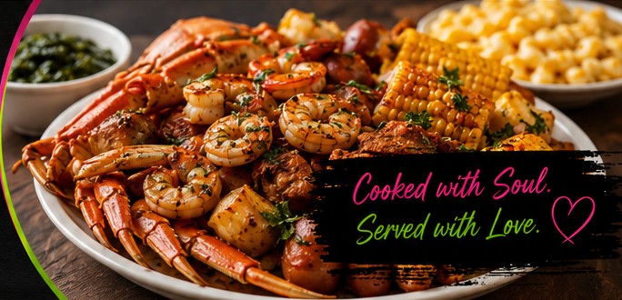 Seafood and soul food platter prepared by Rose and Rios